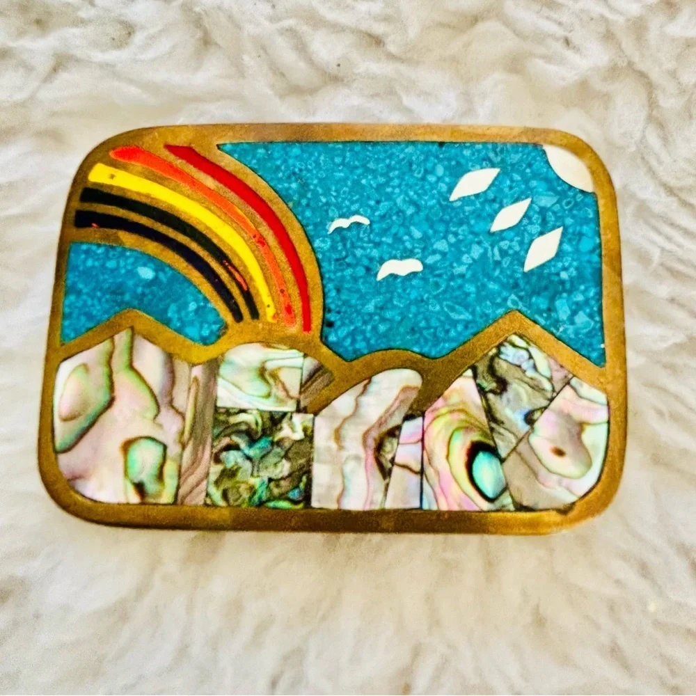 Vintage Gold/Multicolor Handcrafted Belt Buckle size 3” x 2”